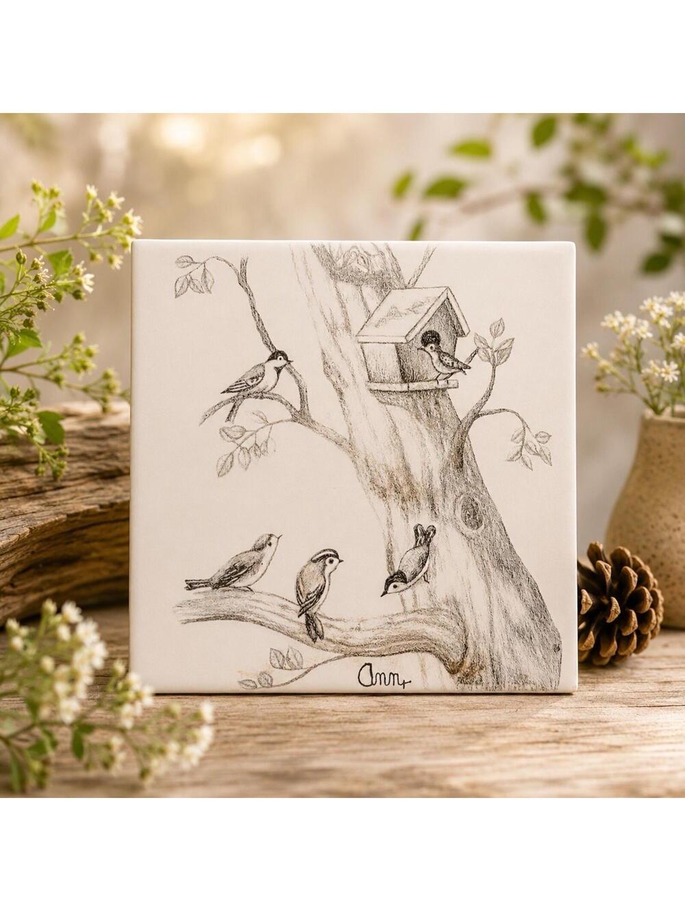 Ann Adams Mid-State 1970s Songbirds Birdhouse Pencil Sketch Tile Trivet, 6”